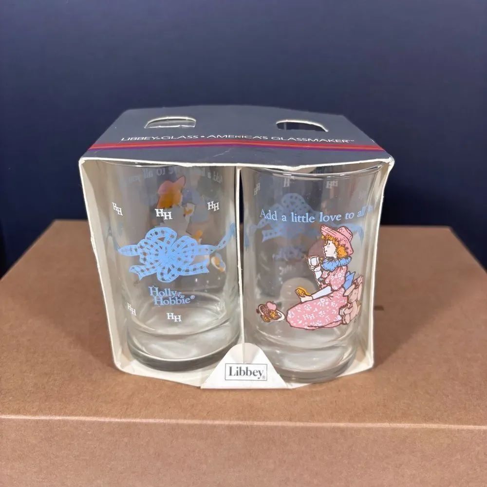 Vintage Libbey 4 Juice Glasses, 6 oz, NEW, Holly Hobbie “add a little love…”